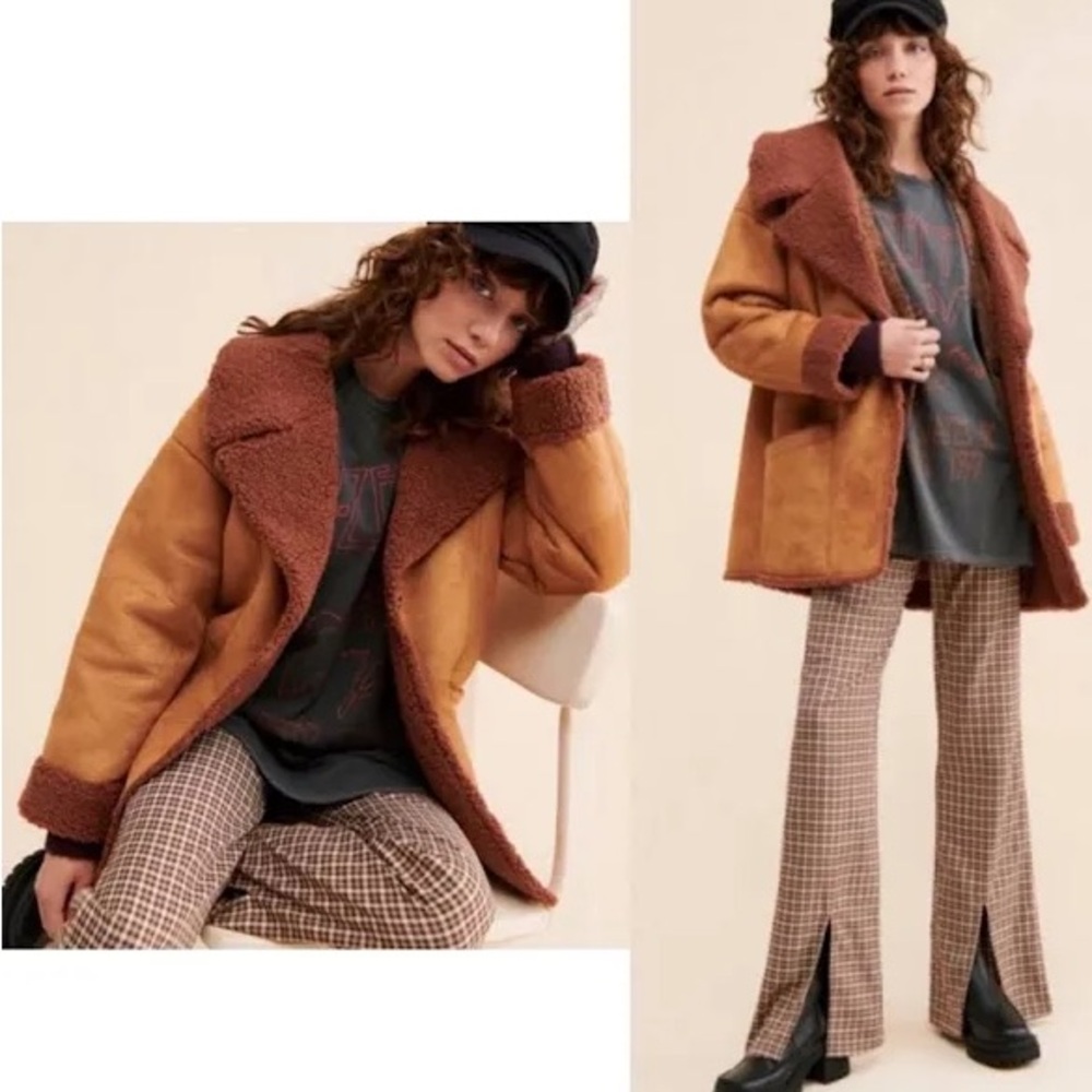 Free People Brown Trench Coat with Shearling Accents